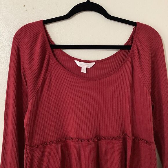 Red Ribbed Layered Ruffle Feminine Cozy Casual Autumn Fall Long Sleeve Top L - Picture 2 of 9